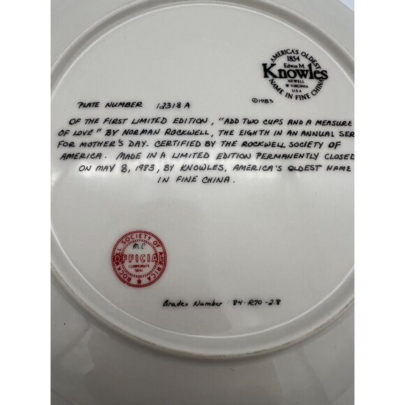 Knowles 1983 Norman Rockwell Mother’s Day Plate Add Two Cups Bradex 84-R70-2.8 - Picture 4 of 6